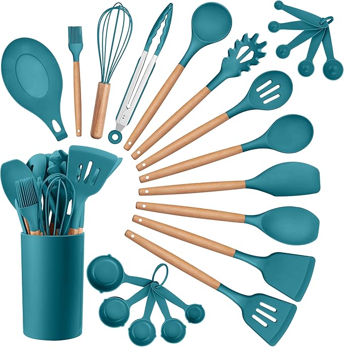 HaWare Kitchen Cooking Utensils Set, 23-Piece Silicone Kitchen Utensils Spatula Set with Holder, Heat Resistant Wooden Handle Kitchen Gadget for Nonstick Cookware, Food-grade Turner Spoon Sets (Blue)