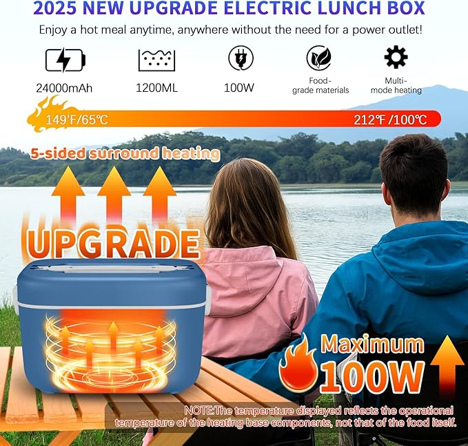 Cordless Electric Lunch Box,100W Self Heating Lunch Box,5 Cups Calentador De Comida Portatil,Multi-Mode Automatic Heating,Suitable For Office/Outdoor Use,Comes With An Insulated Bag And Utensils