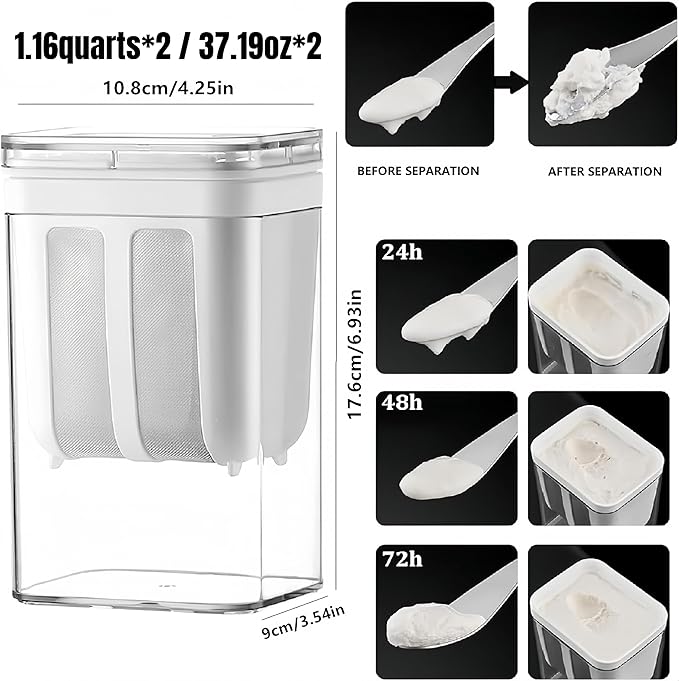 2-Pack Greek Yogurt Strainer Separator & Yogurt Maker Accessory, 1.16 Quarts (1100ml) *2 Large Capacity, Special for Whey Separation, Suitable for Juice/Yogurt/Tofu, BPA-Free(1.1Quats*2-White)