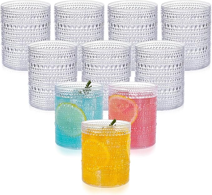 YOUBET 24PCS Plastic Hobnail Drinking Glasses - 14 Oz Clear Vintage Glasses Drinkware - Disposable Beaded Cups for Juice, Wine, Party