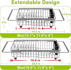 Dish Drying Rack in Sink, Expandable Stainless Steel Dish Drainer for Kitchen Sink, Dish Strainer Rack, Retractable Over Sink Dish Rack with Utensil Holder, 13.1''~16.6''D x 11.8''W, Silver