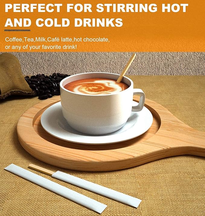 5×1000Pcs Disposable Wood Coffee Stir Sticks Stirrers Individually Paper Wrapped Coffee Tea Beverage Stirrers Stirrings 7.5 Inch,190mm