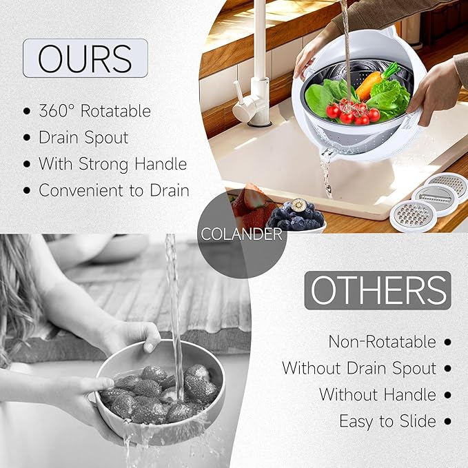 4-1 Colander with Bowl Set - Pasta Strainer - Colander for Kitchen - Strainers and Colanders Rice Strainer Fruit Cleaner Veggie Wash Sink Strainer Kitchen Essentials - White