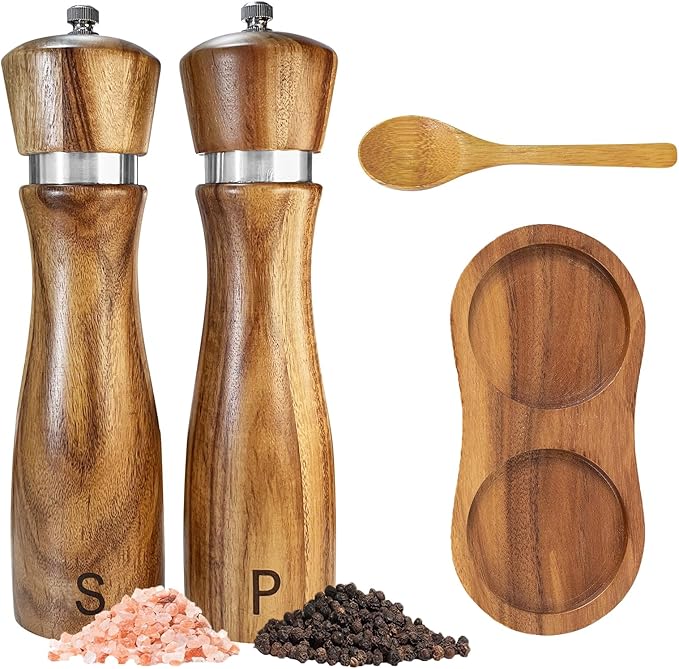 Wooden Salt and Pepper Grinder Set:Pepper Grinder Manual,Adjustable Coarseness,Crafted of Acacia Wood with Ceramic/Stainless Steel Core|Along with Salt&Pepper Mill Tray,Spoon,8in,2pack