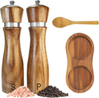 Wooden Salt and Pepper Grinder Set:Pepper Grinder Manual,Adjustable Coarseness,Crafted of Acacia Wood with Ceramic/Stainless Steel Core|Along with Salt&Pepper Mill Tray,Spoon,8in,2pack