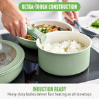 GreenLife 10 Piece Nonstick Pots & Pans Set, Detachable Handle & Stackable Cookware Set, Non Toxic PFAS-Free Skillets, Induction Kitchen Pans, Space Saving, Serving Bowls, Oven Safe, Sage Green