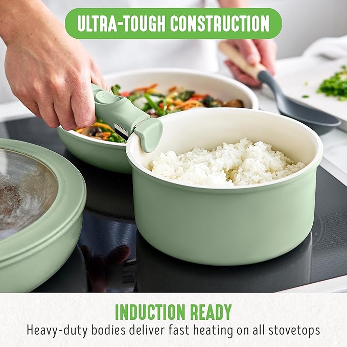 GreenLife 10 Piece Nonstick Pots & Pans Set, Detachable Handle & Stackable Cookware Set, Non Toxic PFAS-Free Skillets, Induction Kitchen Pans, Space Saving, Serving Bowls, Oven Safe, Sage Green