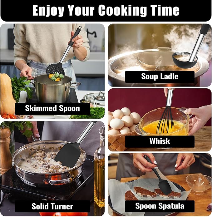 E-far 14 Pieces Silicone Cooking Utensils Set, Kitchen Utensils Set with Holder, Spatula, Ladle, Spoon, Tong, Slotted Turner for Nonstick Cookware, Heat Resistant & Stainless Steel Handle, Black