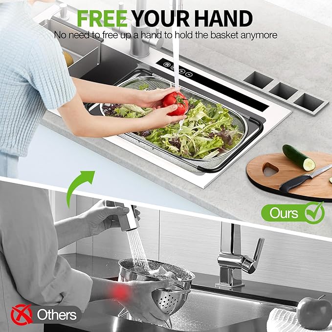 FirstE Over the Sink Colander Strainer Basket 6 Quart, Fine Mesh Stainless Steel Colander with Expandable Anti-slip Rubber Grip Handles, Kitchen Sink Vegetable Strainer for Drain Pasta, Rinse Fruits