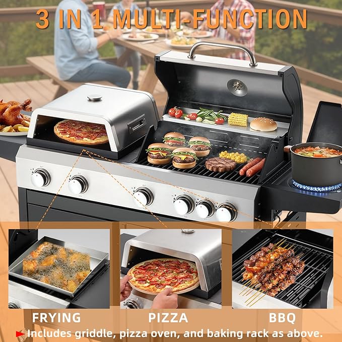 MELLCOM 3 IN 1 Pizza Griddle Grill Combo, 74,000 BTU 5 Burner Stainless Steel Propane Gas Grill with Side Burner,Pizza Oven, Griddle and Porcelain Enameled Cast Iron Grates for Outdoor Patio Backyard