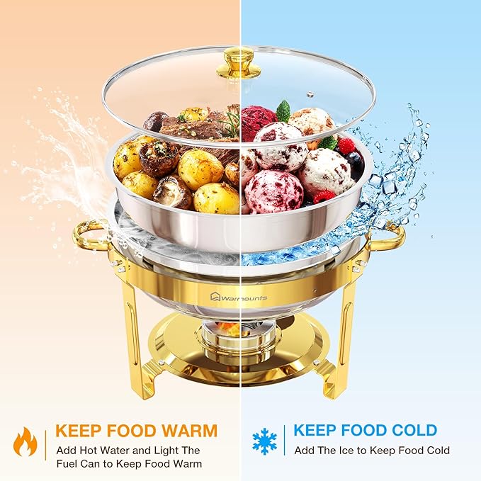 Gold Chafing Dishes for Buffet with Glass Lid (5QT, 4 Pack), Round Stainless Steel Chafers and Buffet Warmers Sets with Lid Holder, Rolled Edge Design, for Catering Events, Parties, Weddings