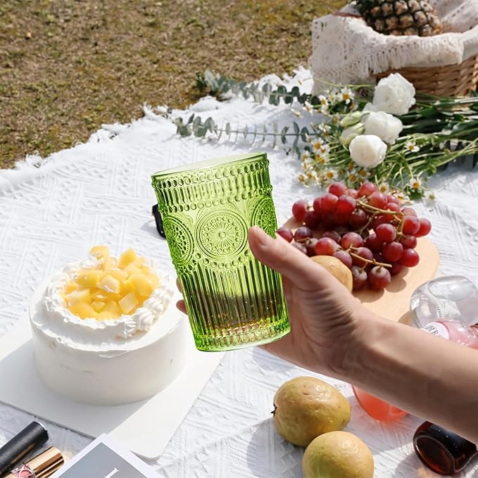 Vintage Textured Green Striped Drinking Glasses Set of 6, 13 oz Ribbed Glassware with Flower Embossed Design, Romantic Cocktail Set, Juice Glass, Iced Coffee Cup, Colored Water Glasses Tumblers
