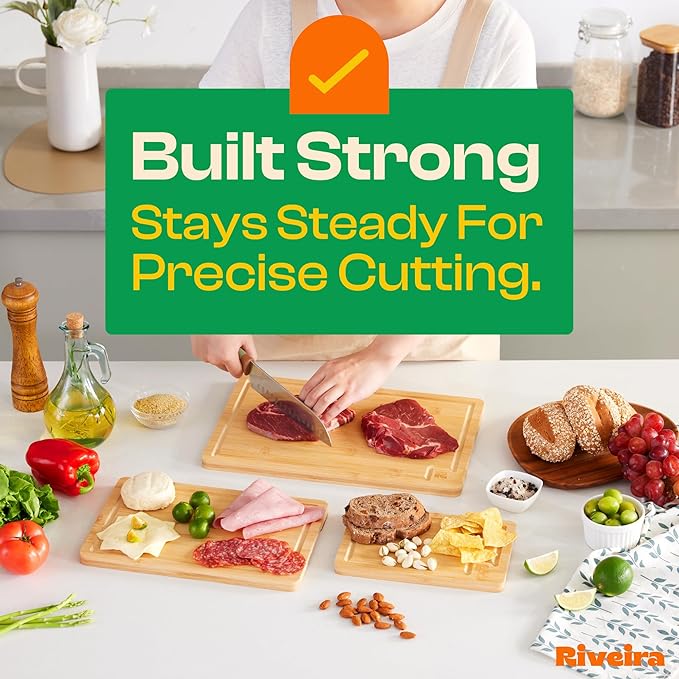 Riveira Brown Bamboo Wood Cutting Board – Gourmet Bamboo Grandeur: 8 x 8 Wooden Cutting Board – Wooden Cutting Boards For Kitchen Decorative – Innovative Juice Grooves Wooden Chopping Board