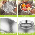 3Qt Metal Colander with Handle, Stainless Steel Strainer for Kitchen, Mesh Strainer for Washing Pasta, Spaghetti, Berry, Fruit, Vegetable, Rice Washer, Fast Draining, Dishwasher Safe