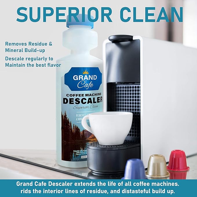 Grand Cafe – Universal descaling solution - Perfect Measure Bottle (20 oz, 5 uses per bottle) for Keurig, Nespresso, Delonghi and All Single Use Coffee Pot and Espresso Machines