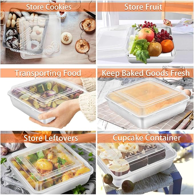 TeamFar Square Cake Pan with Lid (1 Pan & 1 Lid), 8 Inch Square Stainless Steel Baking Tray Cake Brownie Tin For Meal Prep Storage Transporting Food, Healthy & Sturdy, Dishwasher Safe