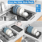 Small Dish Drying Rack Over The Sink, Compact Dish Rack with Silicone Mat for Kitchen Counter, Expandable Dish Drainers Drying Rack Used in Sink & on Countertop, Black