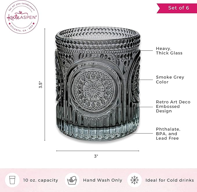 Kate Aspen Ribbed Retro Arch Floral Smoke Grey Drinking Glasses Set of 6, (10 oz) Vintage Glassware Set Cocktail Glass Set, Juice Glass, Water Cups | Hostess Gift & Present for New Home Owners