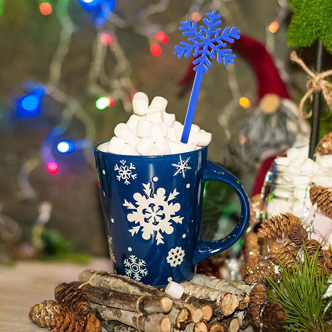 30 Pcs Christmas Drink Stirrers Xmas Stir Stick Holiday Coffee Swizzle Stick Reusable Plastic Hot Cocoa Bar Chocolate Decoration Cocktail Mixer(Blue Snowflake,Blue White)