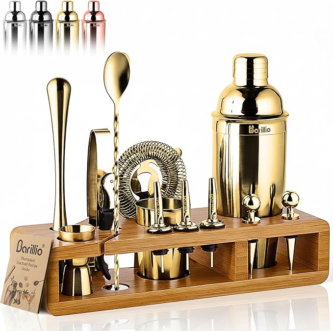 Barillio Gold Bartender Kit - Stainless-Steel Cocktail Shaker Set w/Bamboo Stand - Mixology Bar Tools w/Drink Shaker, Mixer Spoon and Muddler for Cocktails - Home Bar Accessories - 23-Pc Bar Set