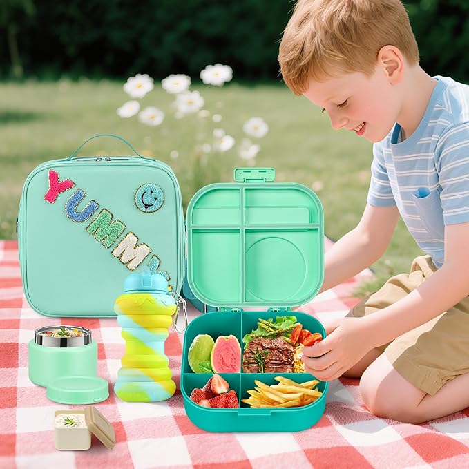 Kids Bento Lunch Box with 12oz Soup Thermo, Kids Leakproof Lunch Food Container with 4 Compartments, Insulated Lunch Bag & Water Cup for Girls Boys to School Travel