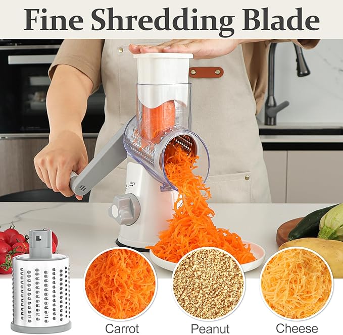 Cambom 5 in 1 Rotary Cheese Grater Hand Crank Cheese Shredder for Fresh Cheese, Vegetable, Nuts,Non-slip Suction Base, Five Blades, White