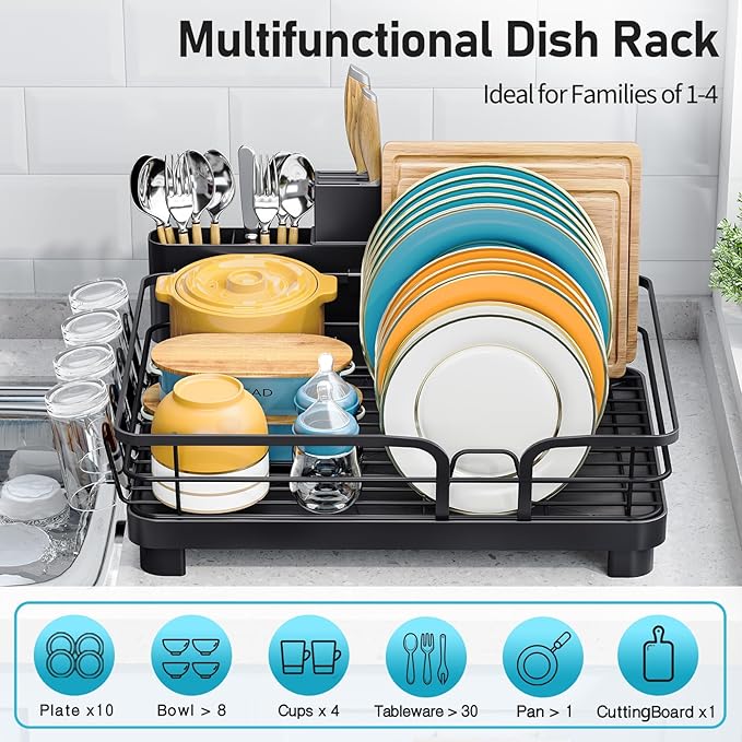 Dish Drying Rack for Kitchen Counter, Multifunctional Dish Drainer Rack, Kitchen Dish Rack, Sink Dishes Strainer, Plate Rack with Drain Board, Cup Holder, and Cutlery Holder,Medium Size Black