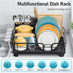 Dish Drying Rack for Kitchen Counter, Multifunctional Dish Drainer Rack, Kitchen Dish Rack, Sink Dishes Strainer, Plate Rack with Drain Board, Cup Holder, and Cutlery Holder,Medium Size Black