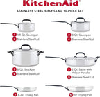 KitchenAid 5-Ply Clad Stainless Steel Cookware Pots and Pans Set, 10 Piece, Polished Stainless