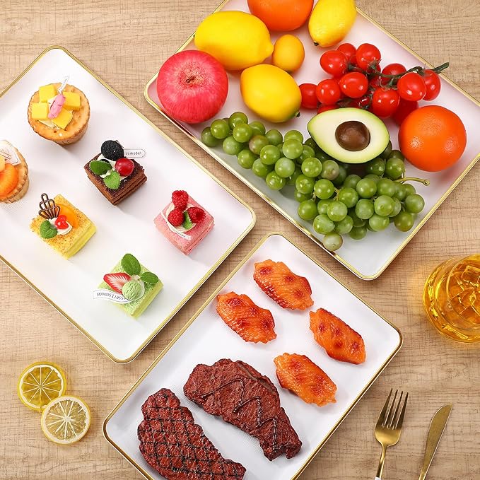 Rtteri Set of 4 Large Serving Platter Set 15/14/13/12 Inch Heavy Plastic Serving Trays Unbreakable Rectangular Platter Reusable Wood Grain Tray for Buffet Wedding Christmas Party(White and Gold)