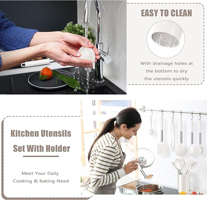 E-far 14 Pieces Silicone Cooking Utensils Set, Kitchen Utensils Set with Holder, Spatula, Ladle, Spoon, Slotted Turner for Nonstick Cookware, 446°F Heat Resistant & Stainless Steel Handle, Cream White