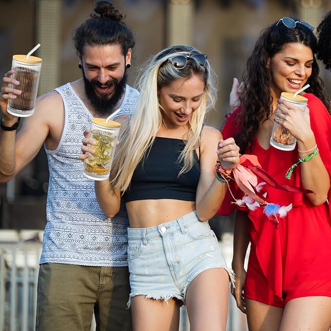 15 Oz Glass Cups with Lid and Straw, Iced Coffee Cups with Lid, Vintage Glassware for Whiskey Cocktail Beer (4 PACK)