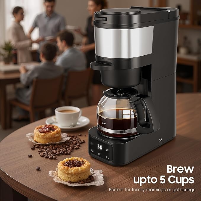 Grind and Brew Coffee Maker,Drip Coffee Maker with Grinder Built In,5-Cup Programmable Coffee Machine with Brew Strength,Warming Plate and Multiple Grind Levels for Home & Office
