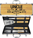 Uncle Gifts, Fathers Day Uncle Gift from Niece Heavy Duty Wooden BBQ Grilling Accessories Kit for Backyard, Thick Stainless Steel Grill Utensils with Non-Slip Handle Tools in Portable Bag Father's Day