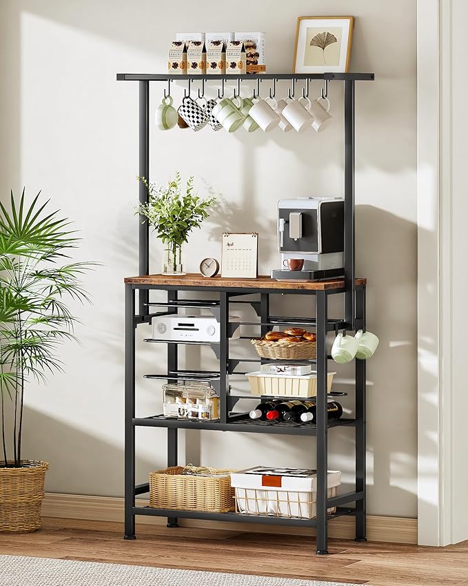 Pots and Pans Organizer Rack, Kitchen Bakers Rack, Multi-Tier Storage Shelf, Kitchen Island Table, Cooking Rack with Pots and Pans Storage, Rustic Brown and Black TPR60BF