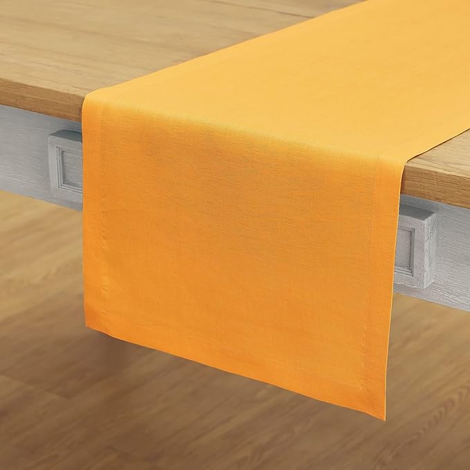 Solino Home Linen Tangerine Yellow Table Runner 120 Inches Long - 100% Pure Linen 14 x 120 Inch Table Runner for Summer - Fete