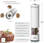 Electric Salt and Pepper Grinder Set - Battery Operated Stainless Steel Mills (1 Black Pepper Grinder + 1 White Salt Grinder) Automatic One Handed Operation Electronic Adjustable Ceramic Grinders