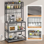 Shintenchi Bakers Rack with Power Outlet, Large Storage Space, 10 Hooks Coffee Bar with Metal Wire Panel, High Microwave Stand, Classic Kitchen Storage Shelf Design, Grey