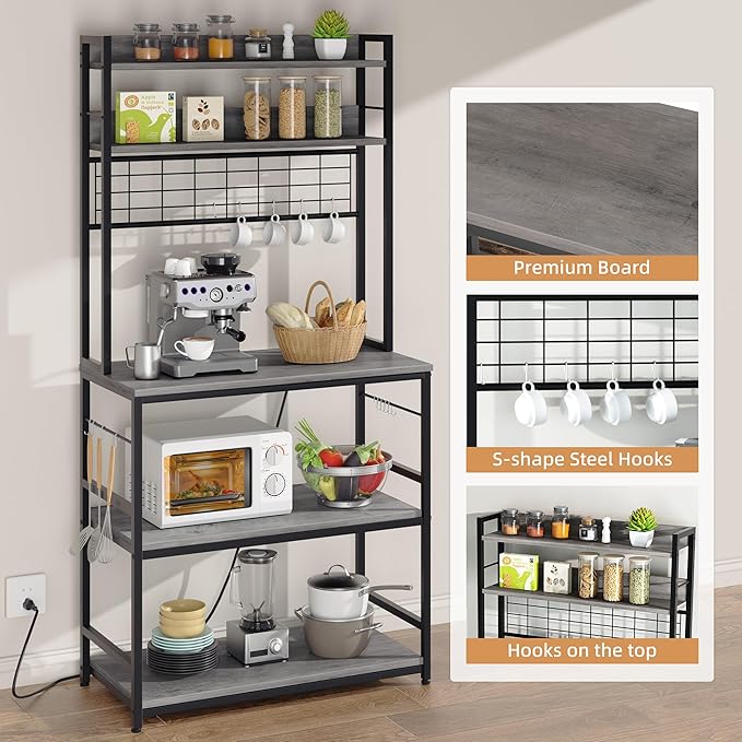Shintenchi Bakers Rack with Power Outlet, Large Storage Space, 10 Hooks Coffee Bar with Metal Wire Panel, High Microwave Stand, Classic Kitchen Storage Shelf Design, Grey