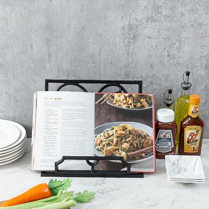 MyGift Black Metal Cookbook Holder Stand with Decorative Cookbook Word Cutout and Tree Silhouette Design, Countertop Recipe Book Tablet Easel Holder with Folding Kickstand (Art Deco)