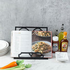 MyGift Black Metal Cookbook Holder Stand with Decorative Cookbook Word Cutout and Tree Silhouette Design, Countertop Recipe Book Tablet Easel Holder with Folding Kickstand (Art Deco)