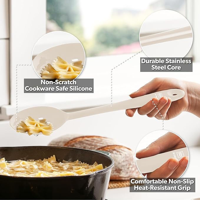 DI ORO Silicone Spoons for Cooking - Large Kitchen Spoons for Mixing, Serving, & Stirring - 600°F Heat-Resistant Non Stick Utensils – Big Solid & Slotted Basting Spoons - Dishwasher Safe (2pc, Clay)