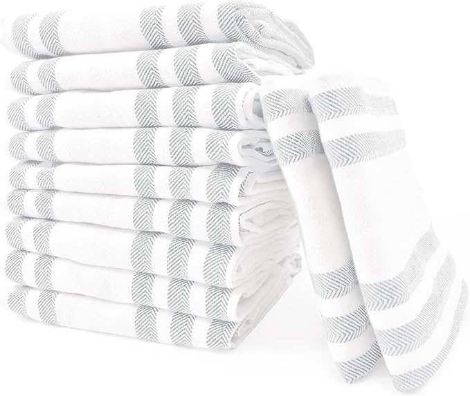 Realm 15" x 25" 100% Cotton Classic Kitchen Dish Towel (12 Pack) | Cuisine Stripe Pebble Grey | Super Absorbent Machine Washable Tea Towels with Hanging Loop