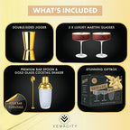 VEMACITY - Luxury Gold Cocktail Shaker Set - 15oz Glass Shaker with Strainer, 2 Gold-Rim 10oz Ribbed Martini Glasses and Bar Tools - Wedding Gift and Gift Sets
