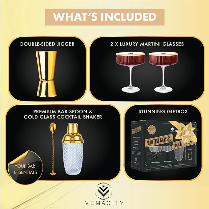 VEMACITY - Luxury Gold Cocktail Shaker Set - 15oz Glass Shaker with Strainer, 2 Gold-Rim 10oz Ribbed Martini Glasses and Bar Tools - Wedding Gift and Gift Sets