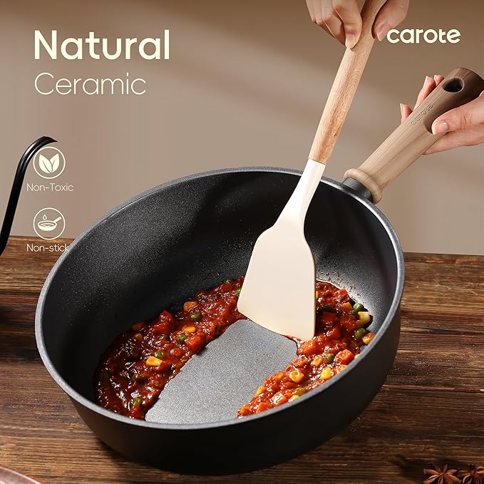 CAROTE Nonstick Skillet, Nonstick Deep Frying Pan, 10" Saute Pan with Lid, 3.8QT Deep Frying Pan Titanium Pan Chef's Pan, Stay-cool Handle, Compatible with All Stoves, Black