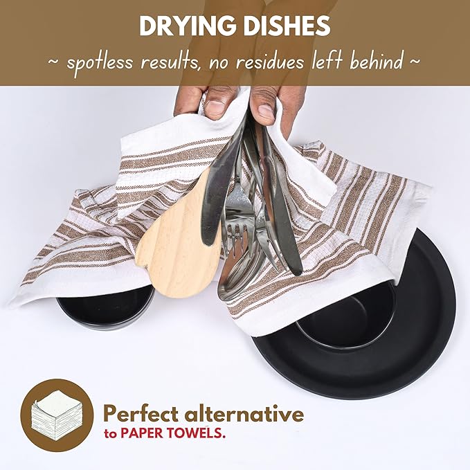 Native Fab Stripe Kitchen Towel - 4 Pack - Basket Weave 100% Cotton Dish Towels - 16x26 inches - Absorbent Towels for Cleaning, Quick Drying, Washable Dish Cloths with Hanging Loop - Brown