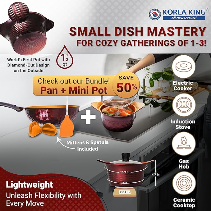 Premium Nonstick Cooking Pot with Glass Lid - Made in Korea - 1.5 Quarts Ceramic-Coated Simmer Pasta Pot, Multi Cookware Compatible for Ramen Noodle Soup, Stew, Rice, Dishwasher Safe