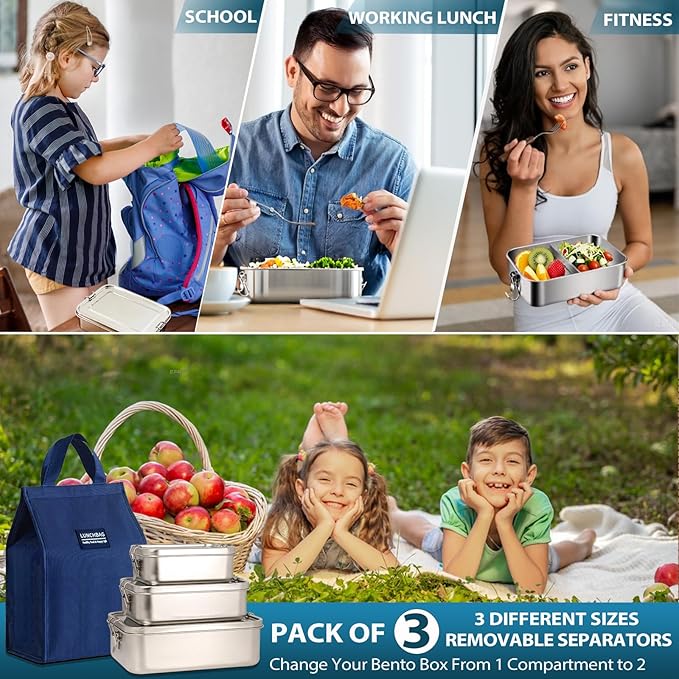 Stainless Steel Bento Box 3 Pack 304 Stainless Steel Lunch Box,Leak Proof Metal Lunch Box With Lids(81oz/47oz/29oz) Bento Box Stainless With 3 Compartments