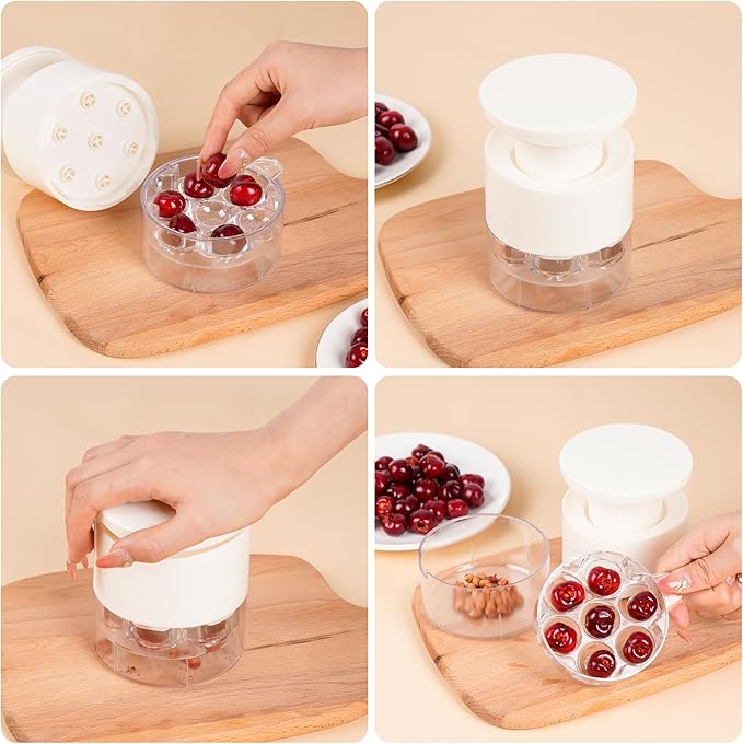 Cherry Pitter, 7-Hole Long Plunger Push Button Cherry Core Remover Tool with Splatter Protector, Quickly Pitting Cherries for Making Jam, Pies (White)